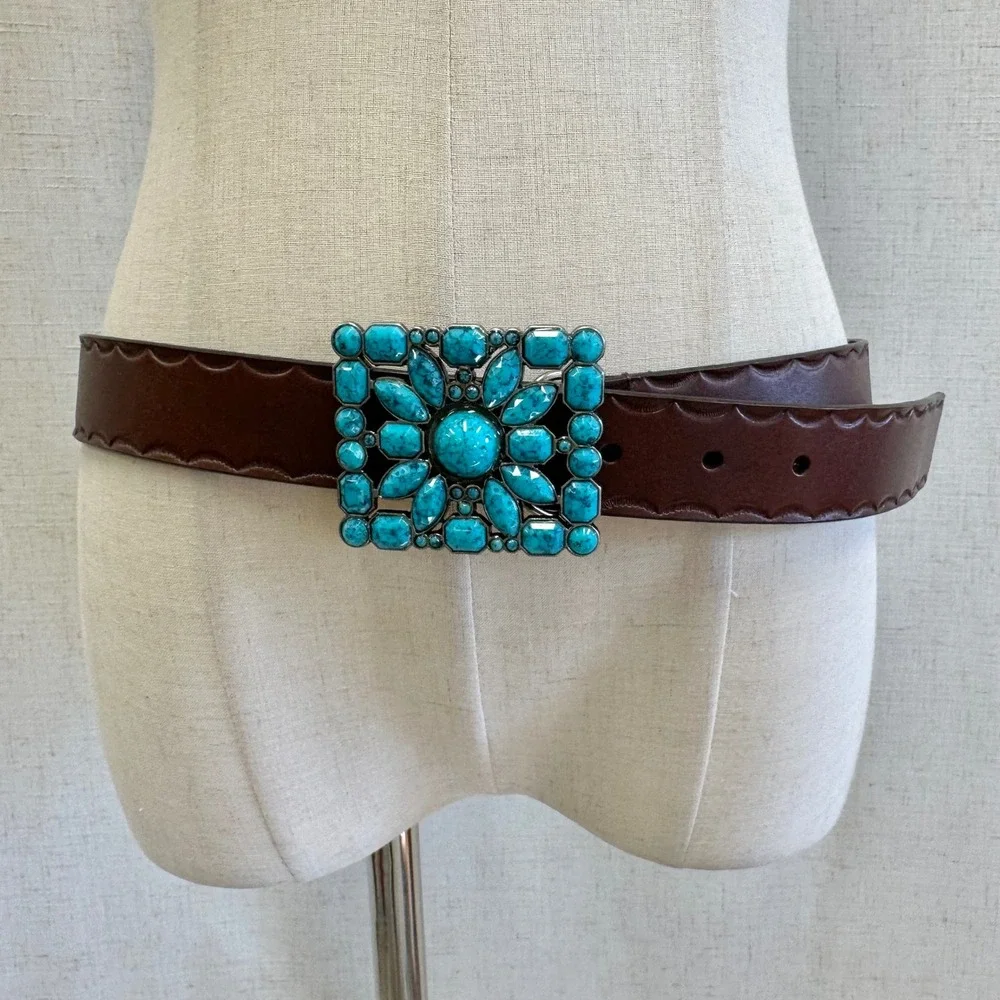 Western Boho Turquoise Flower Buckle Brown‎ Genuine Leather Belt XL